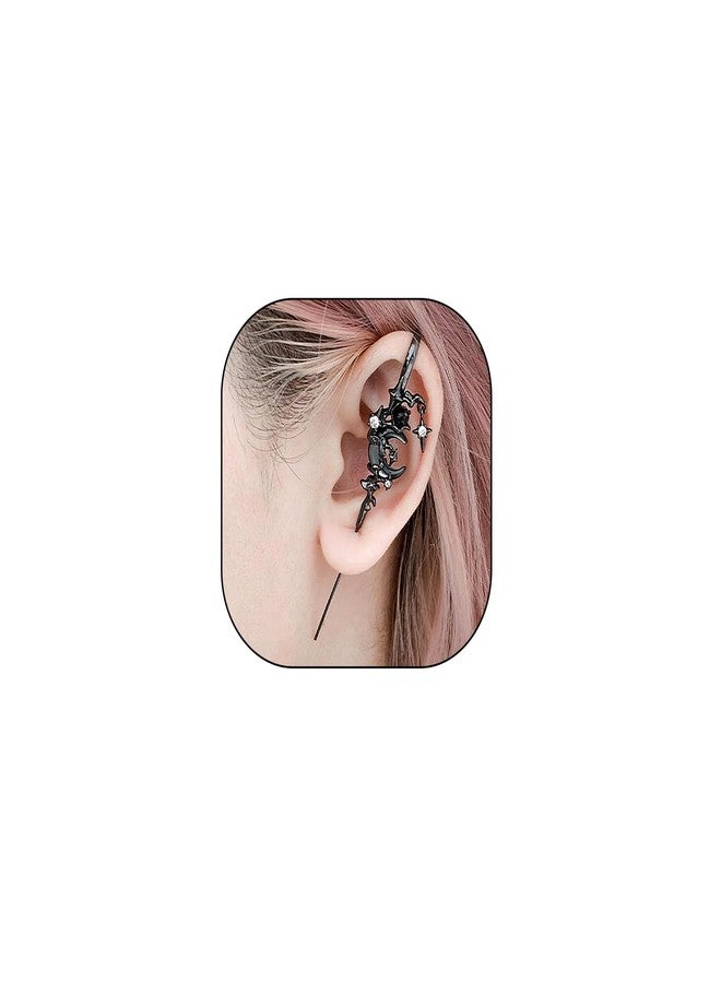 Uarein 2Pcs Myth of the Moon Ear Hook Needle Piercing Earring Goth Climber Crawler Earrings Vintage Punk Moons Wrap Earrings Jewelry Accessory Present for Women Wife (Black Moon) - Image 1